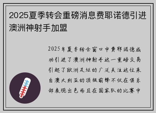 2025夏季转会重磅消息费耶诺德引进澳洲神射手加盟 2025夏季转会重磅消息费耶诺德引进澳洲神射手加盟